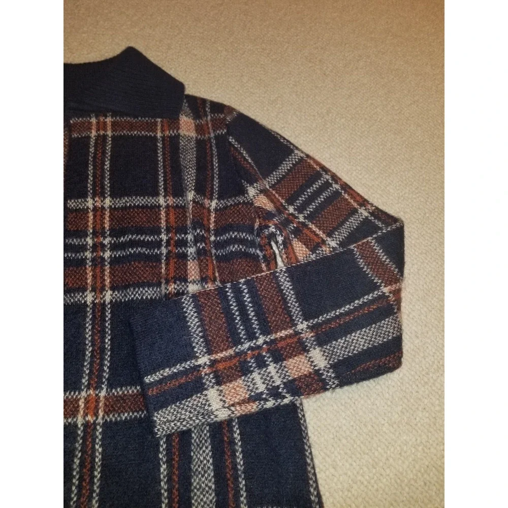 Womens Sweater-TAHARI-navy/orange/wht plaid wool open duster/cardigan Heritage-L